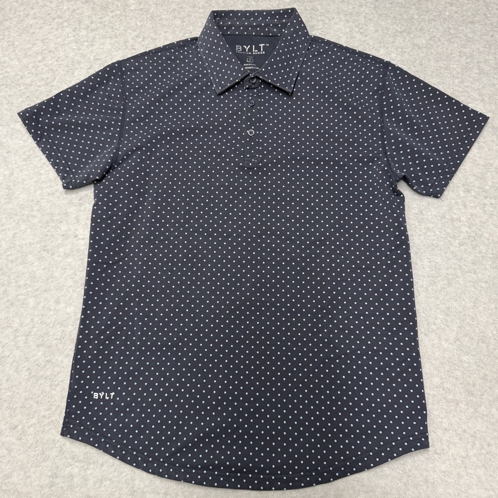 BYLT Lux Polo Shirt Mens M Blue Polka Dot Cotton Polyester Spandex Stretch